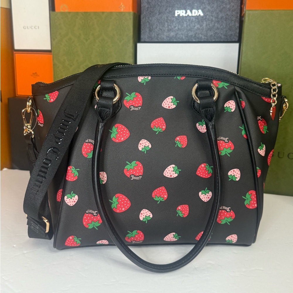 🆕JUICY COUTURE Black and Red Satchel with Strawberry Charm - Picture 5 of 16